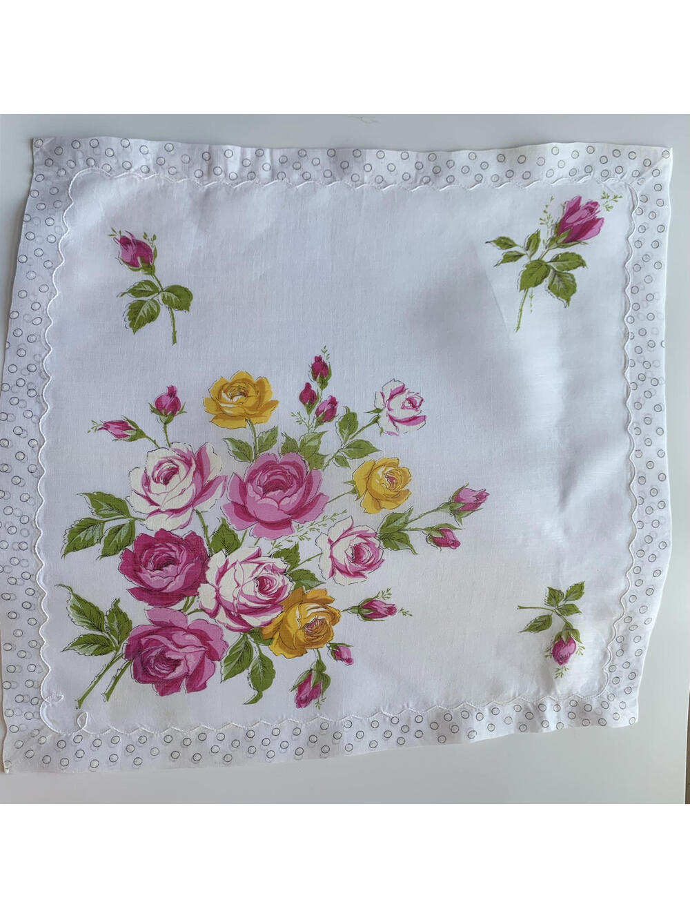 Vintage Fine Cotton Handkerchief with Pink and Yellow Roses